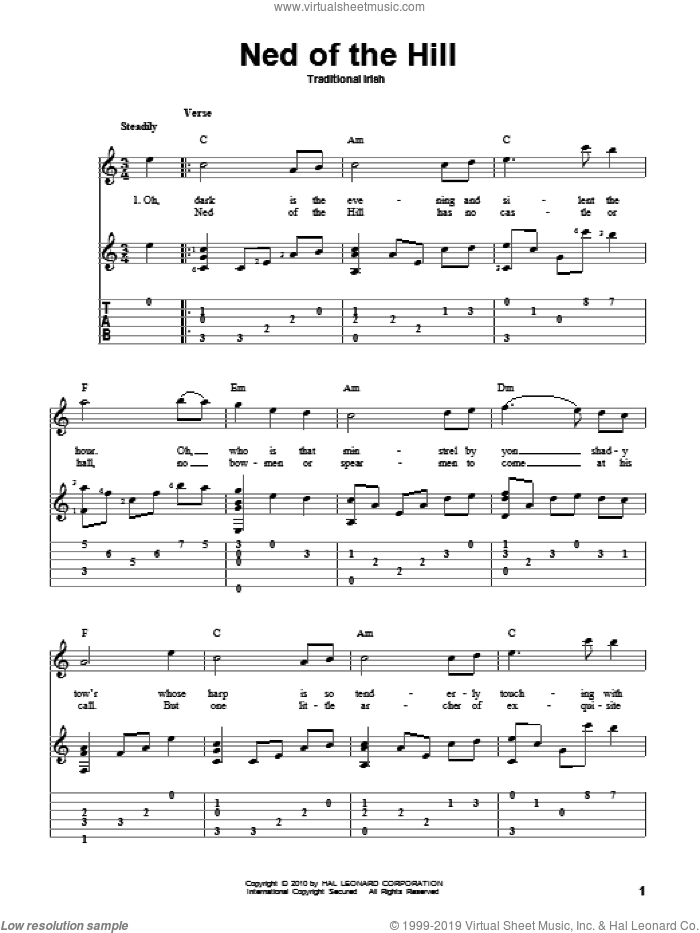 Ned Of The Hill sheet music for guitar solo by Traditional Irish, intermediate skill level