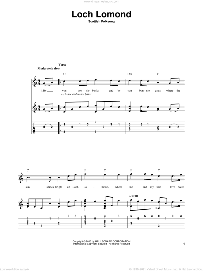 Loch Lomond sheet music for guitar solo, intermediate skill level