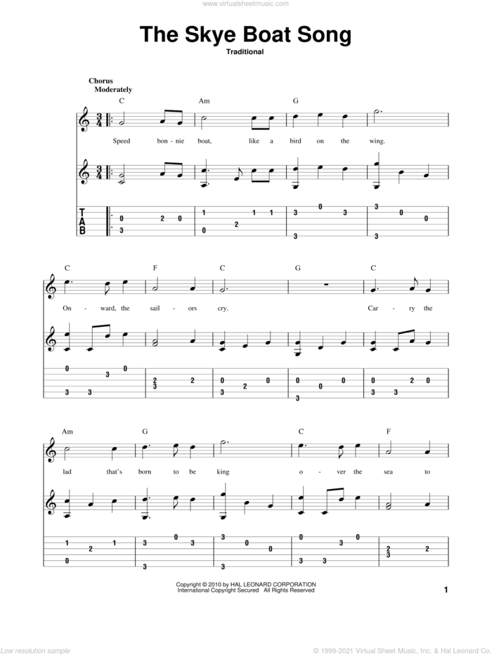 The Skye Boat Song sheet music for guitar solo, intermediate skill level
