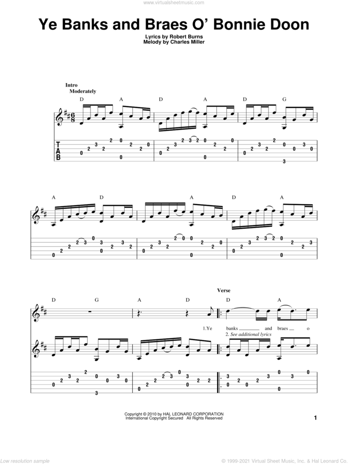 Ye Banks And Braes O' Bonnie Doon sheet music for guitar solo by Robert Burns, intermediate skill level