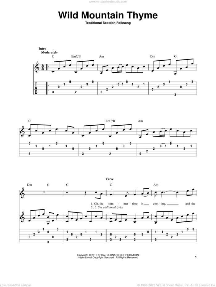 Wild Mountain Thyme sheet music for guitar solo, intermediate skill level
