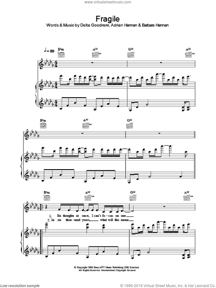 Fragile sheet music for voice, piano or guitar by Delta Goodrem, Adrian Hannan and Barbara Hannan, intermediate skill level