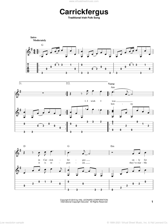 Carrickfergus sheet music for guitar solo, intermediate skill level