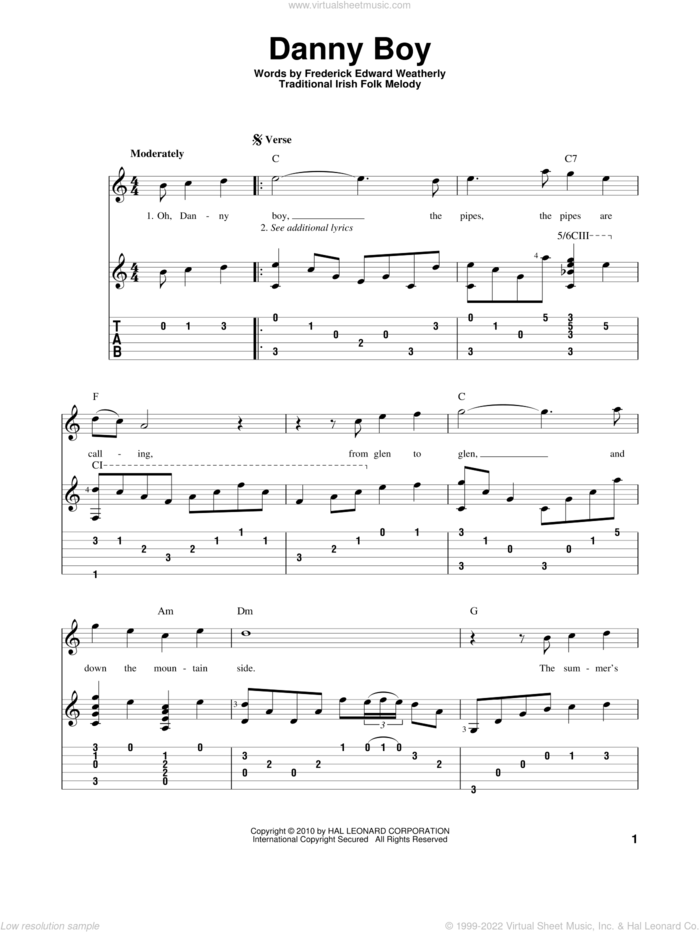 Danny Boy sheet music for guitar solo by Frederick Edward Weatherly and Traditional Irish, intermediate skill level