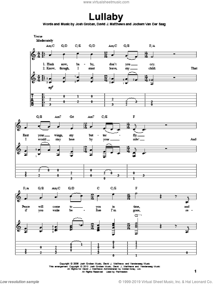 Lullaby sheet music for guitar solo by Josh Groban and Dave Matthews Band, intermediate skill level