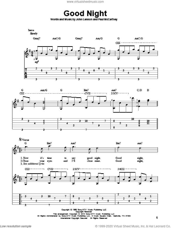 Good Night sheet music for guitar solo by The Beatles, John Lennon and Paul McCartney, intermediate skill level
