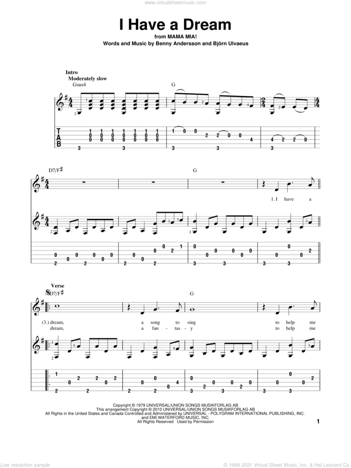 I Have A Dream sheet music for guitar solo by ABBA, Benny Andersson and Bjorn Ulvaeus, intermediate skill level