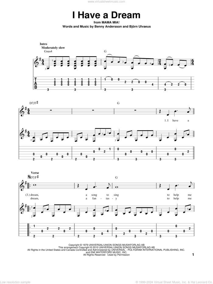 I Have A Dream sheet music for guitar solo by ABBA, Benny Andersson and Bjorn Ulvaeus, intermediate skill level