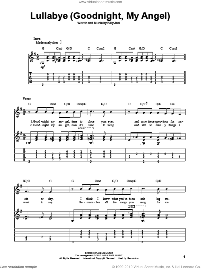 Lullabye (Goodnight, My Angel) sheet music for guitar solo by Billy Joel, intermediate skill level