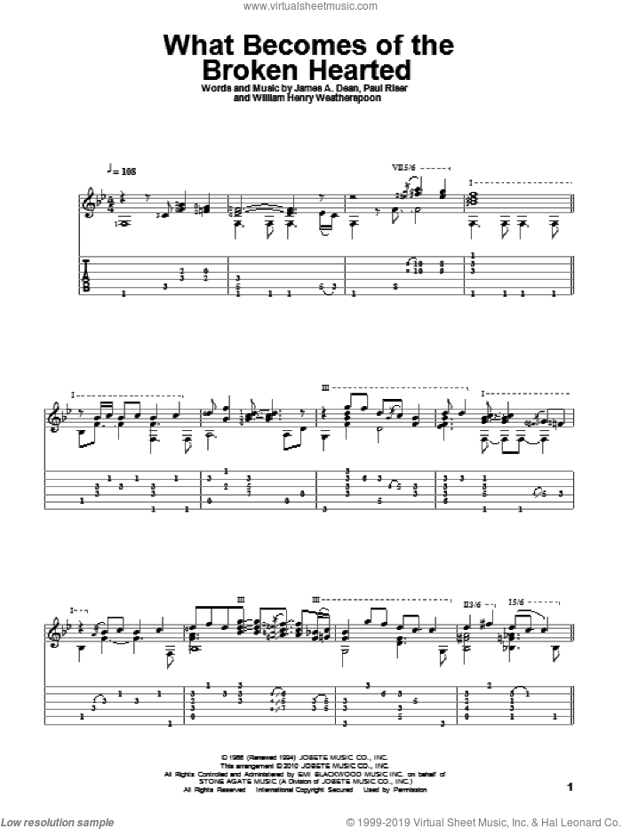 What Becomes Of The Broken Hearted sheet music for guitar solo by Jimmy Ruffin, James A. Dean, Paul Riser and William Henry Weatherspoon, intermediate skill level