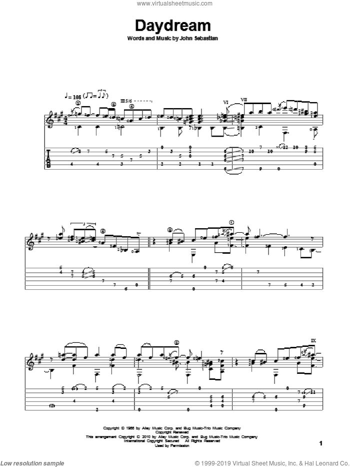 Daydream sheet music for guitar solo by The Lovin' Spoonful and John Sebastian, intermediate skill level