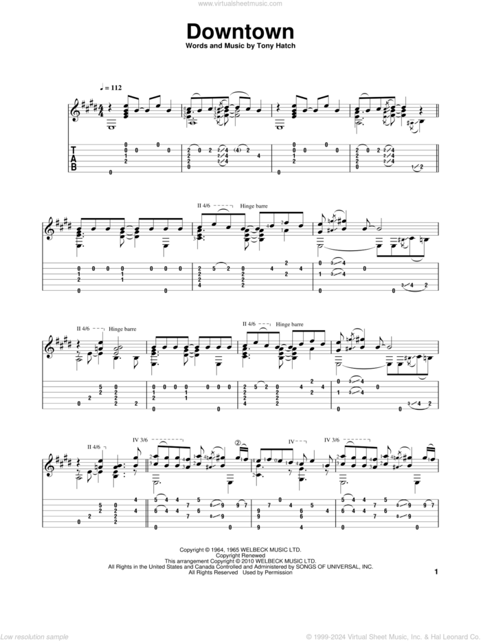 Downtown sheet music for guitar solo by Petula Clark and Tony Hatch, intermediate skill level