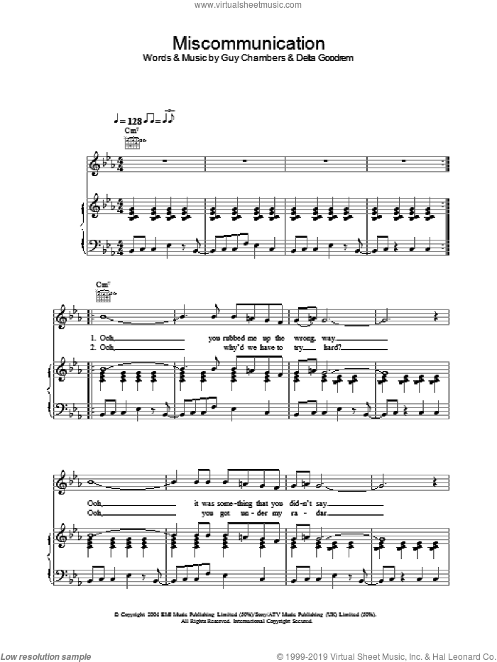 Miscommunication sheet music for voice, piano or guitar by Delta Goodrem and Guy Chambers, intermediate skill level