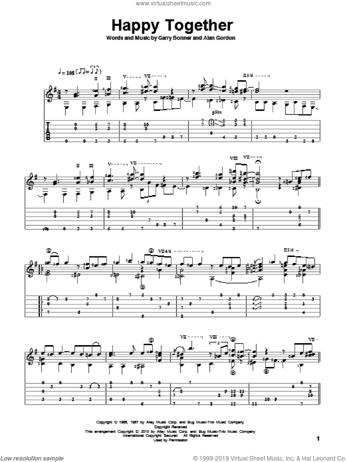 Happy Together sheet music for guitar solo by The Turtles, Alan Gordon and Garry Bonner, intermediate skill level