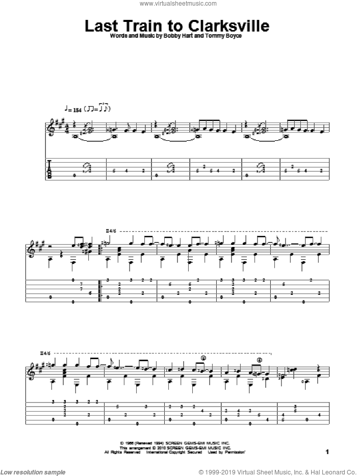 Last Train To Clarksville sheet music for guitar solo by The Monkees, Bobby Hart and Tommy Boyce, intermediate skill level