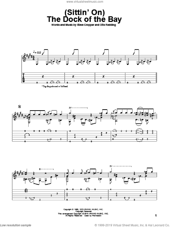(Sittin' On) The Dock Of The Bay sheet music for guitar solo by Otis Redding and Steve Cropper, intermediate skill level