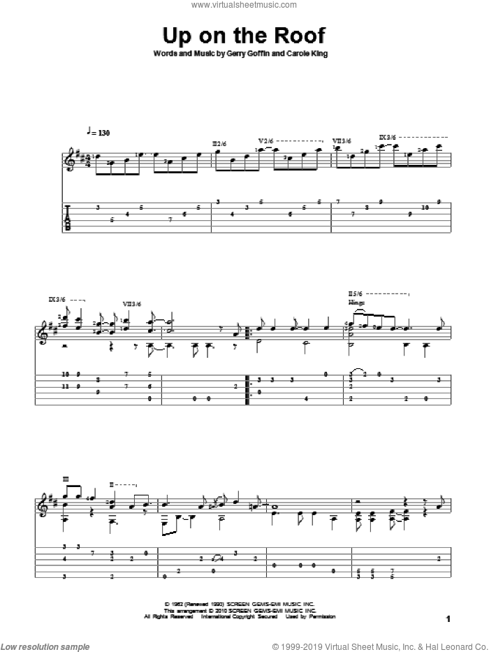 Up On The Roof sheet music for guitar solo by The Drifters, Carole King and Gerry Goffin, intermediate skill level