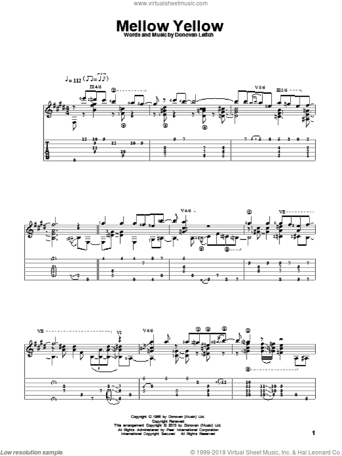 Mellow Yellow sheet music for guitar solo by Walter Donovan and Donovan Leitch, intermediate skill level