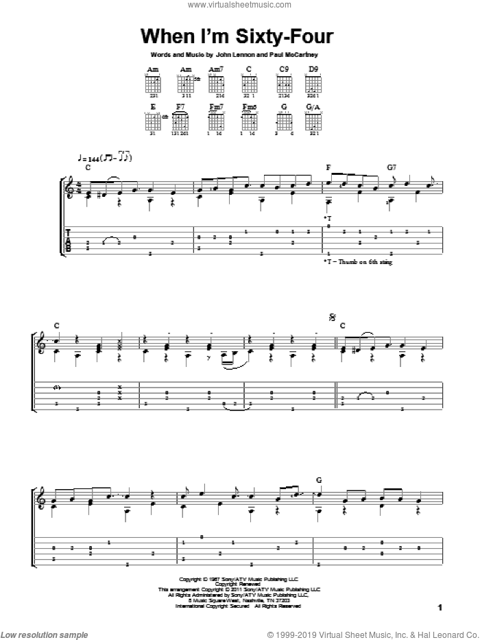 When I'm Sixty-Four sheet music for guitar solo by The Beatles, Laurence Juber, John Lennon and Paul McCartney, intermediate skill level