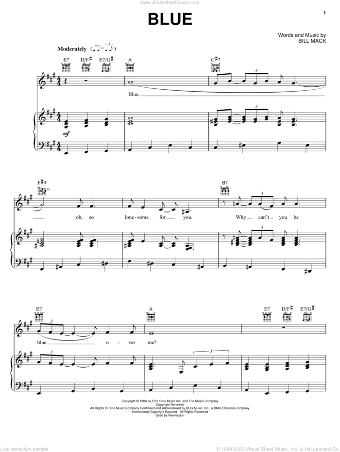 Blue sheet music for voice, piano or guitar by LeAnn Rimes and Bill Mack, intermediate skill level