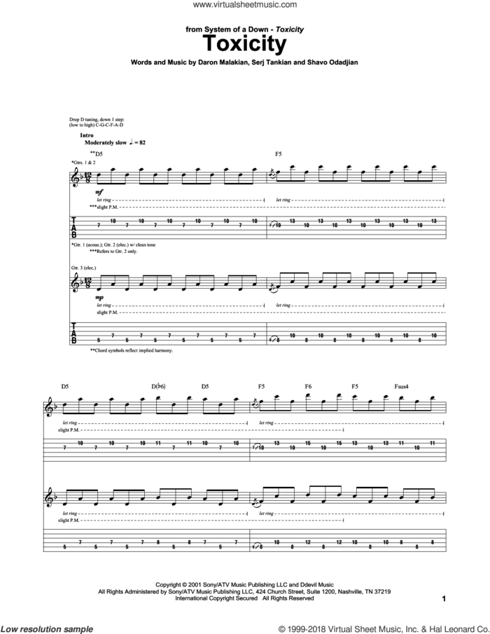 Toxicity sheet music for guitar (tablature) by System Of A Down, Daron Malakian, Serj Tankian and Shavo Odadjian, intermediate skill level