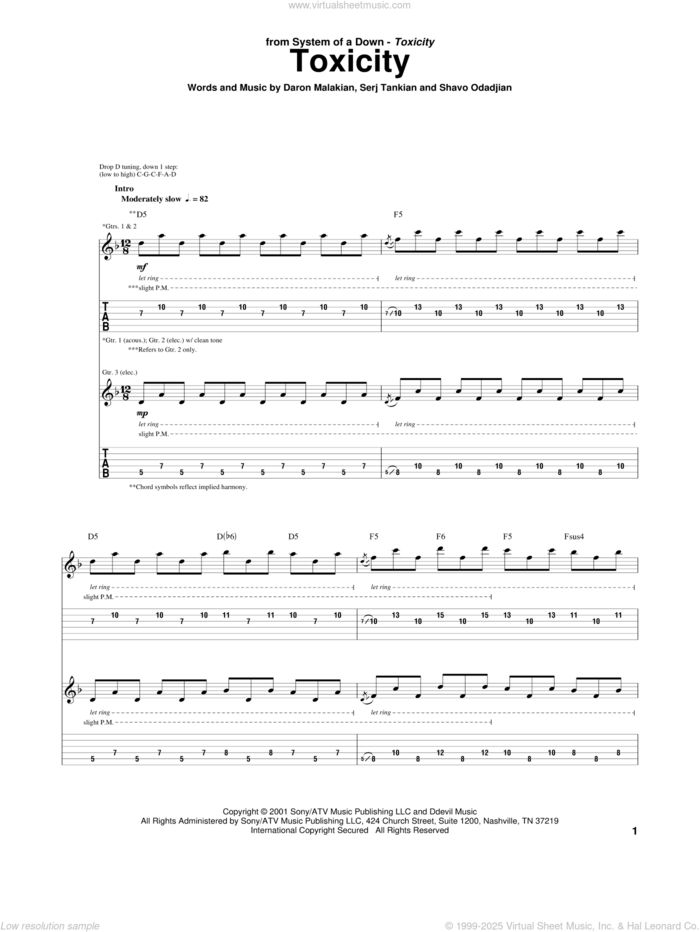 Toxicity sheet music for guitar (tablature) by System Of A Down, Daron Malakian, Serj Tankian and Shavo Odadjian, intermediate skill level