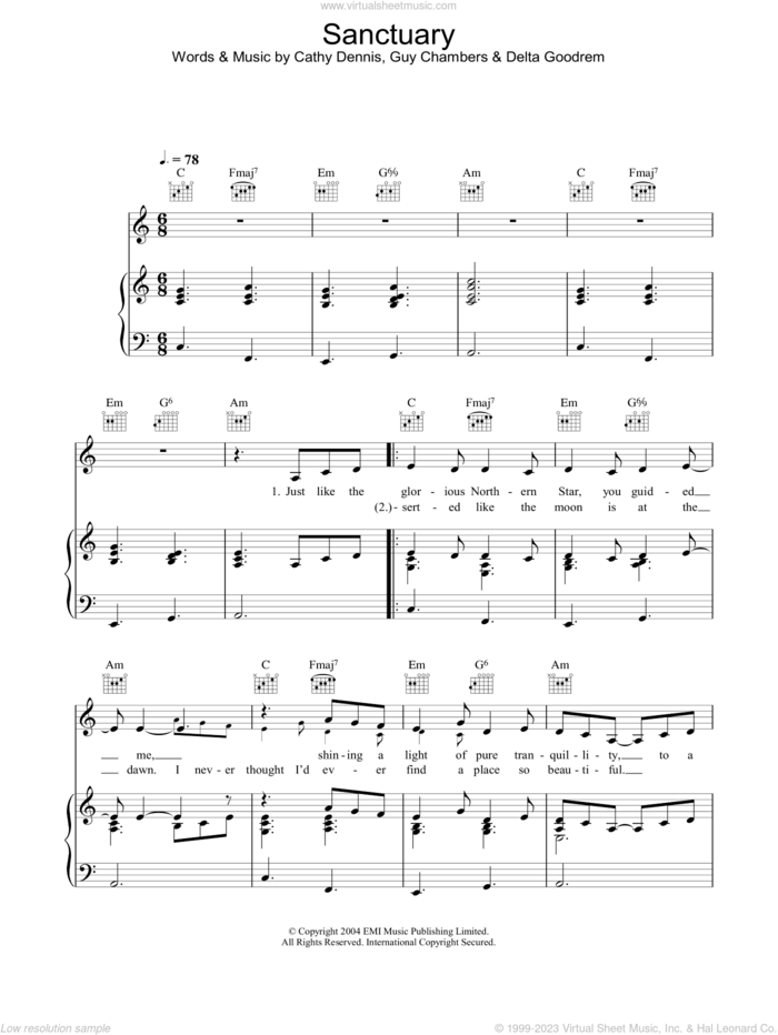 Sanctuary sheet music for voice, piano or guitar by Cathy Dennis, Delta Goodrem and Guy Chambers, intermediate skill level