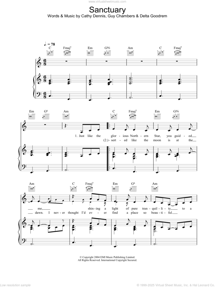 Sanctuary sheet music for voice, piano or guitar by Cathy Dennis, Delta Goodrem and Guy Chambers, intermediate skill level