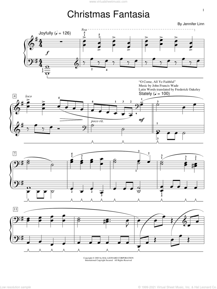 Christmas Fantasia sheet music for piano solo (elementary) by Jennifer Linn, beginner piano (elementary)