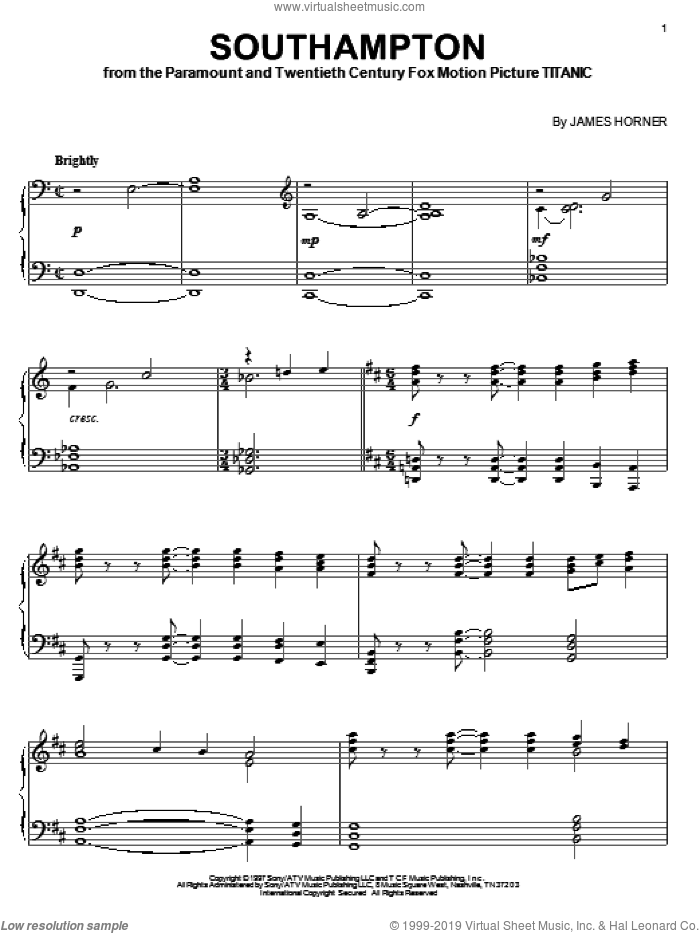 Southampton sheet music for piano solo by James Horner, intermediate skill level