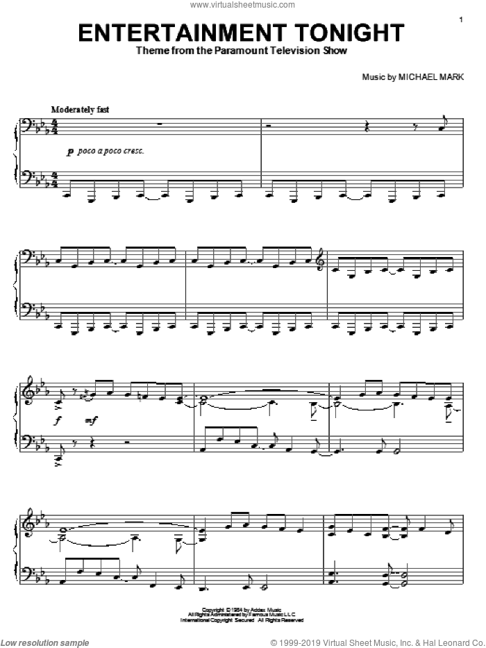 Entertainment Tonight sheet music for piano solo by Michael Mark, intermediate skill level