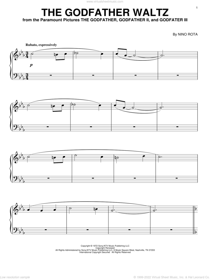 The Godfather Waltz sheet music for piano solo by Nino Rota, intermediate skill level