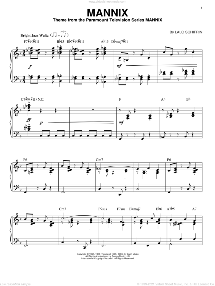 Mannix, (intermediate) sheet music for piano solo by Lalo Schifrin, intermediate skill level