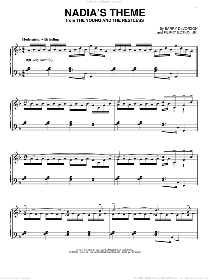 Nadia's Theme sheet music for piano solo by Barry DeVorzon & Perry Botkin, Jr., Barry DeVorzon and Perry Botkin, Jr., intermediate skill level