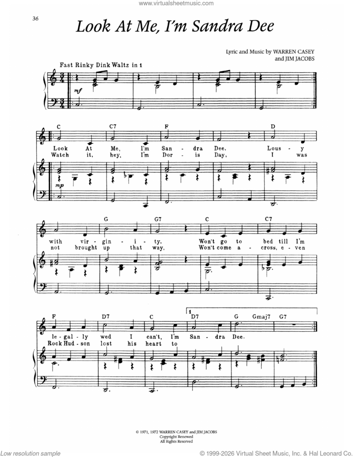 Look At Me, I'm Sandra Dee (from Grease) sheet music for voice and piano by Warren Casey and Jim Jacobs, intermediate skill level