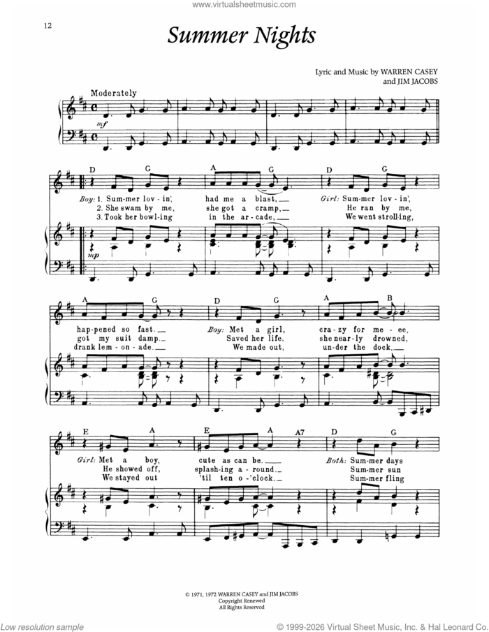 Summer Nights (from Grease) sheet music for voice and piano by Warren Casey and Jim Jacobs, intermediate skill level