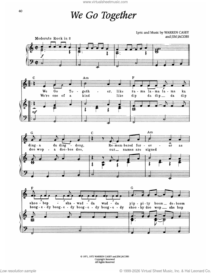 We Go Together (from Grease) sheet music for voice and piano by Warren Casey and Jim Jacobs, intermediate skill level