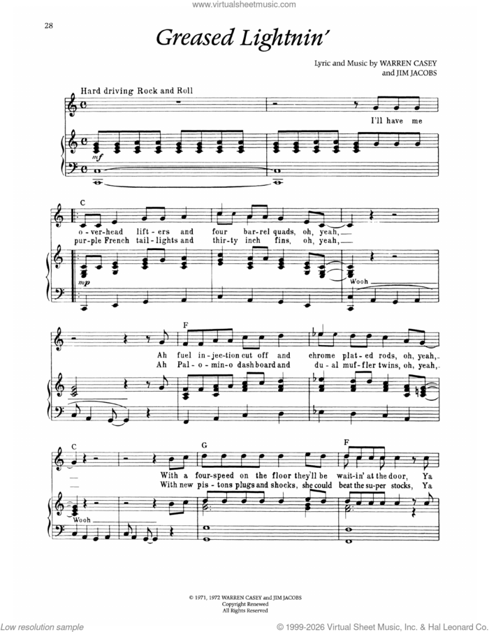 Greased Lightnin' (from Grease) sheet music for voice and piano by Warren Casey and Jim Jacobs, intermediate skill level