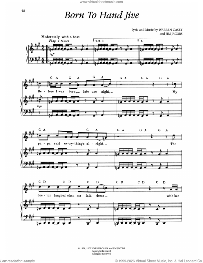 Born To Hand Jive (from Grease) sheet music for voice and piano by Warren Casey and Jim Jacobs, intermediate skill level