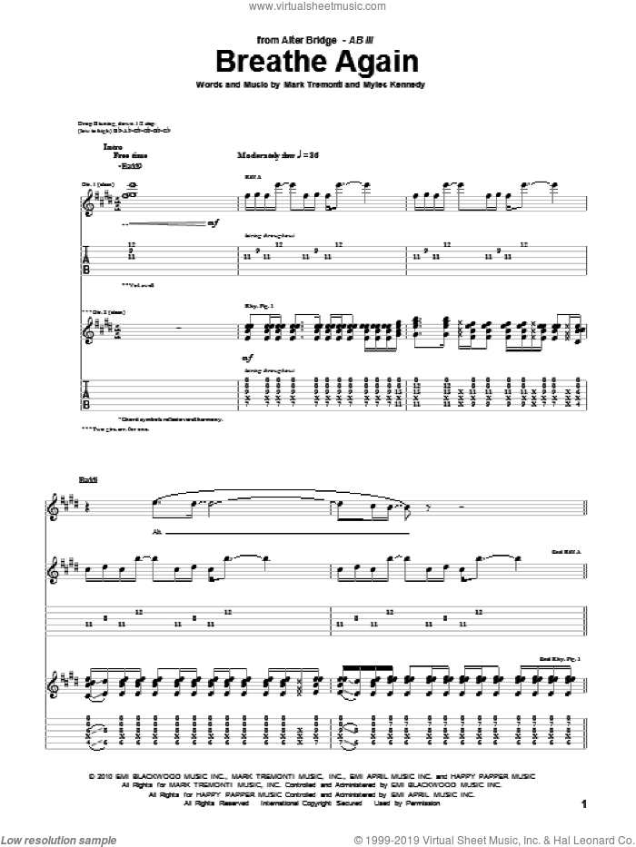 Breathe Again sheet music for guitar (tablature) by Alter Bridge, Mark Tremonti and Myles Kennedy, intermediate skill level