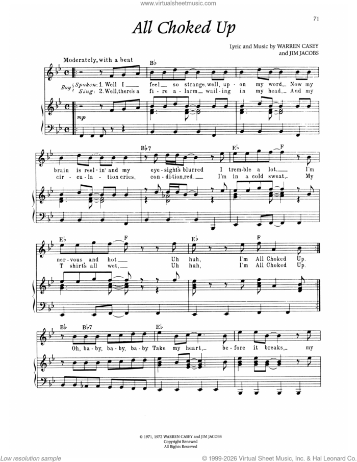 All Choked Up (from Grease) sheet music for voice and piano by Warren Casey and Jim Jacobs, intermediate skill level
