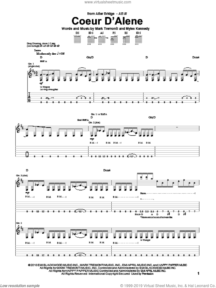 Coeur D'Alene sheet music for guitar (tablature) by Alter Bridge, Mark Tremonti and Myles Kennedy, intermediate skill level