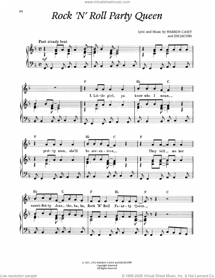 Rock 'N' Roll Party Queen (from Grease) sheet music for voice and piano by Warren Casey and Jim Jacobs, intermediate skill level