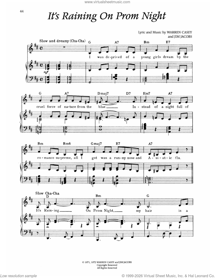 It's Raining On Prom Night (from Grease) sheet music for voice and piano by Warren Casey and Jim Jacobs, intermediate skill level