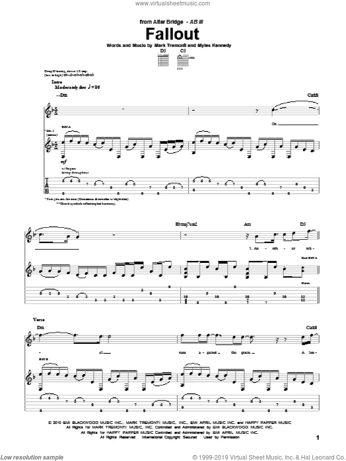 Fallout sheet music for guitar (tablature) by Alter Bridge, Mark Tremonti and Myles Kennedy, intermediate skill level