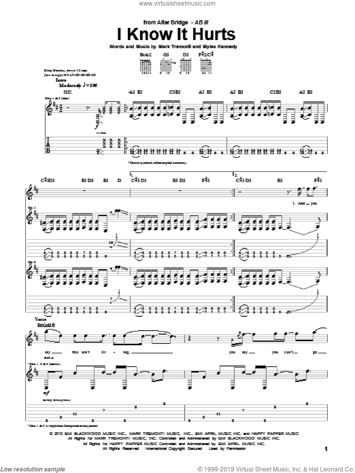 I Know It Hurts sheet music for guitar (tablature) by Alter Bridge, Mark Tremonti and Myles Kennedy, intermediate skill level