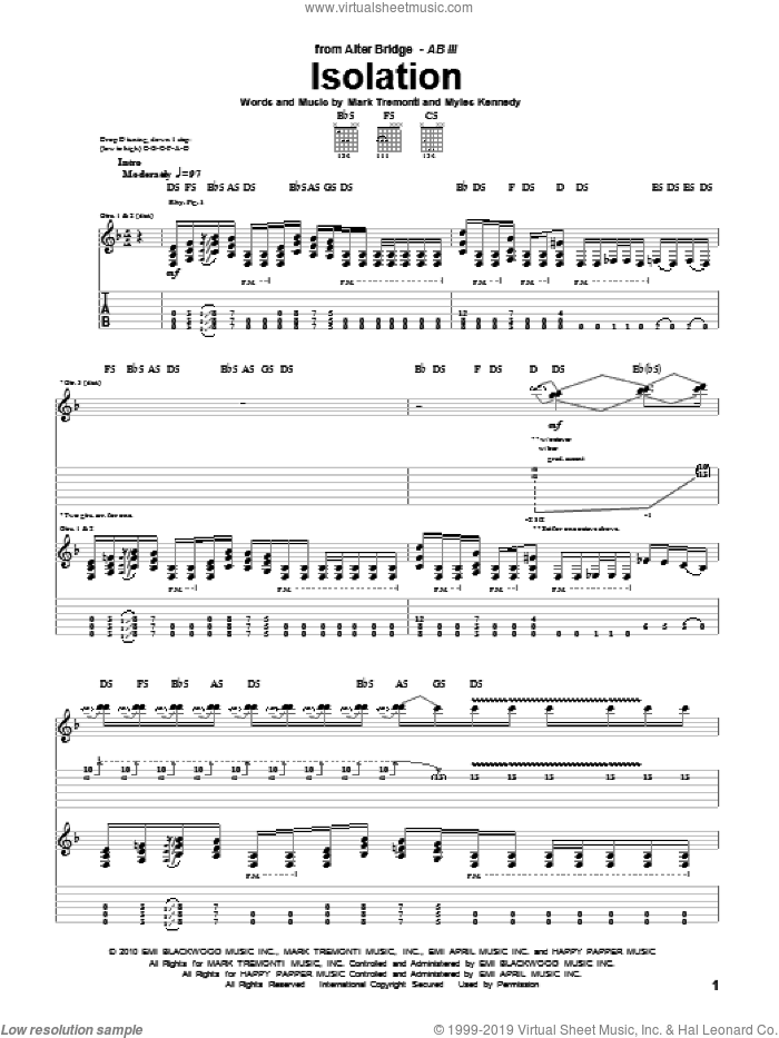 Isolation sheet music for guitar (tablature) by Alter Bridge, Mark Tremonti and Myles Kennedy, intermediate skill level