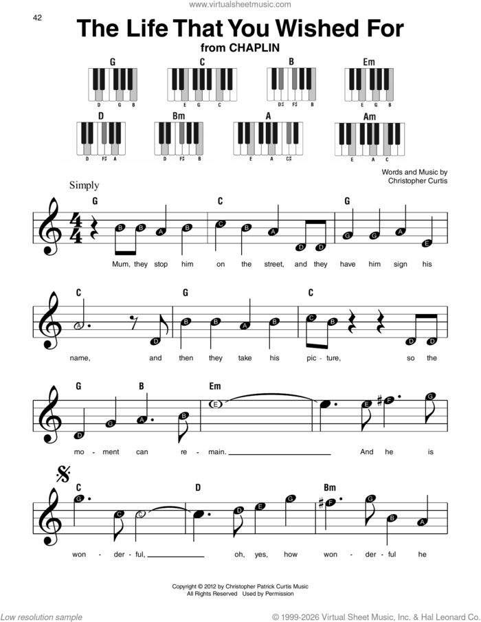 The Life That You Wished For (from Chaplin) sheet music for piano solo by Christopher Curtis, beginner skill level