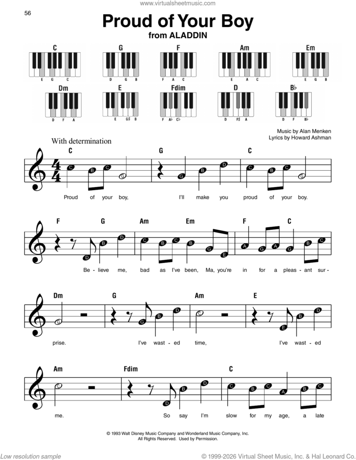 Proud Of Your Boy (from Aladdin) sheet music for piano solo by Howard Ashman and Alan Menken, beginner skill level