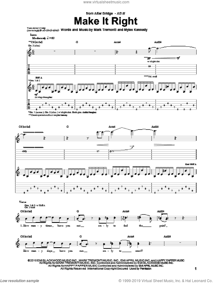 Make It Right sheet music for guitar (tablature) by Alter Bridge, Mark Tremonti and Myles Kennedy, intermediate skill level